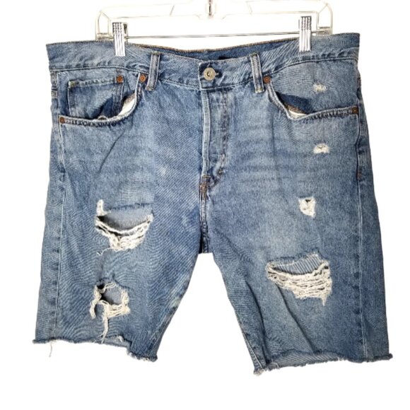 & Denim Blue Distressed Mens Sz 36 Ripped Button Fly Straight Fit Raw Hem Shorts - Picture 1 of 10